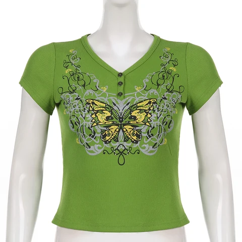 Retro Green Grunge Print Vintage Y2K Graphic T Shirts Women Button Up V Neck Slim Short Sleeve Aesthetic Sweats Tops