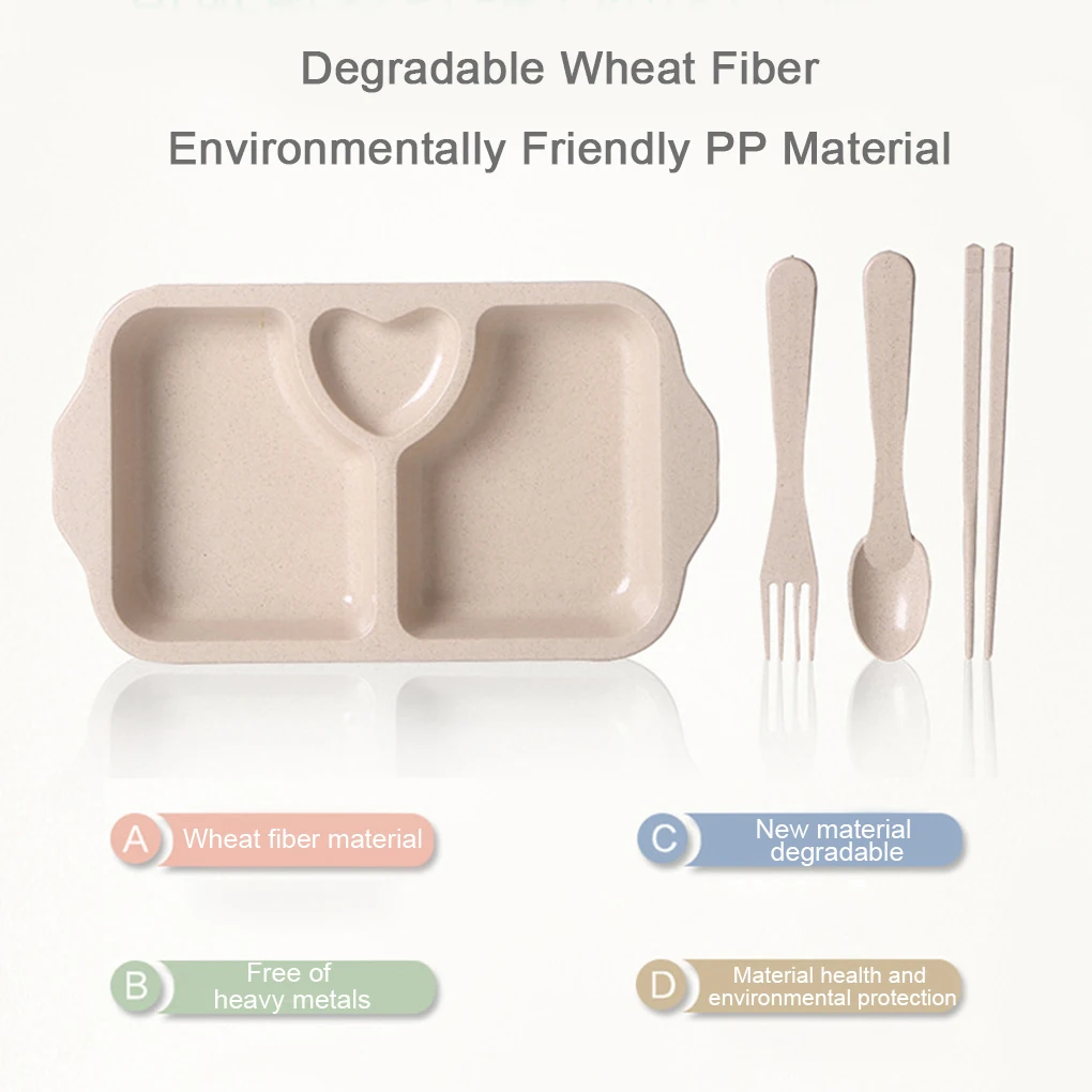 6pcs Kids Dinnerware Set Lightweight Plate with Dividers and Handle Degradable Dishwasher Safe Plastic