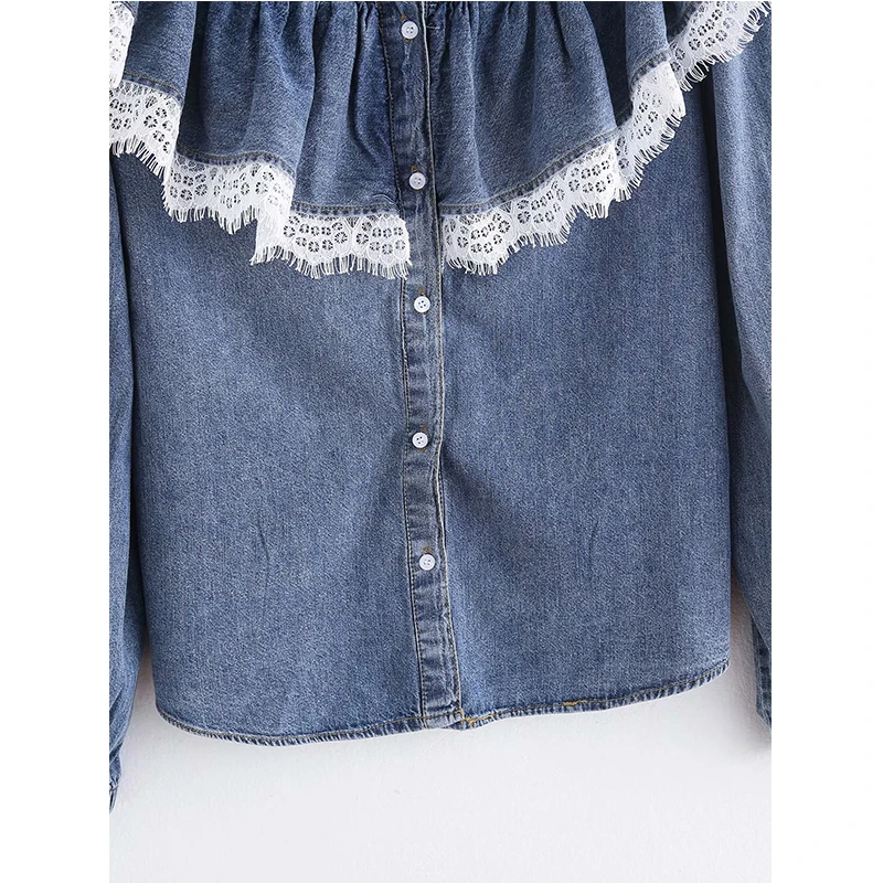 Английская винтажная кружевная Джинсовая блузка с оборками, женская блузка, женская рубашка-кимоно, Женские топы и блузки размера плюс