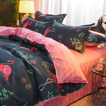 

Flamingo Bedding Set luxury The red crane 3/4pcs Family Set Sheet Duvet Cover Pillowcase Room flat sheet, No filler 2019 bed set