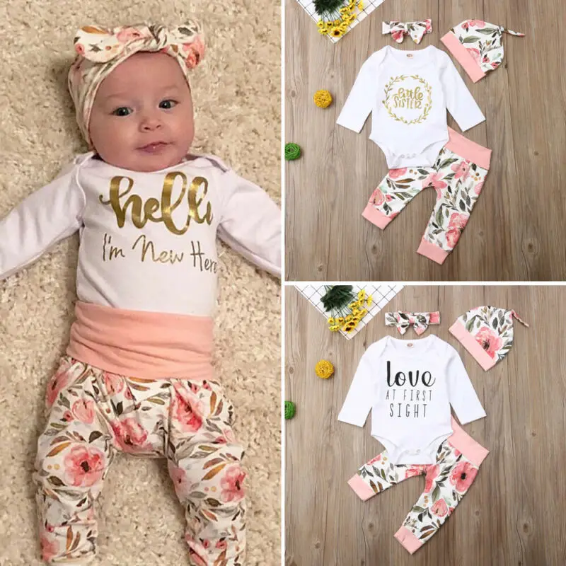 Princess Girl Clothes Autumn Outfit Clothes Long Sleeve Bodysuit Tops+Long Pants 4PCS Kids Set Toddler Baby Size 0-24 Month