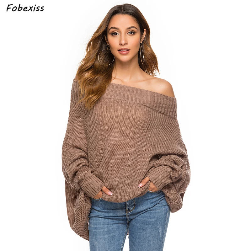 

Sweater Winter 2019 Slash Neck Oversized Sweaters Sexy Korean Style Woman Loose Jumpers Long Autumn Knitted Tops Woman Pullovers
