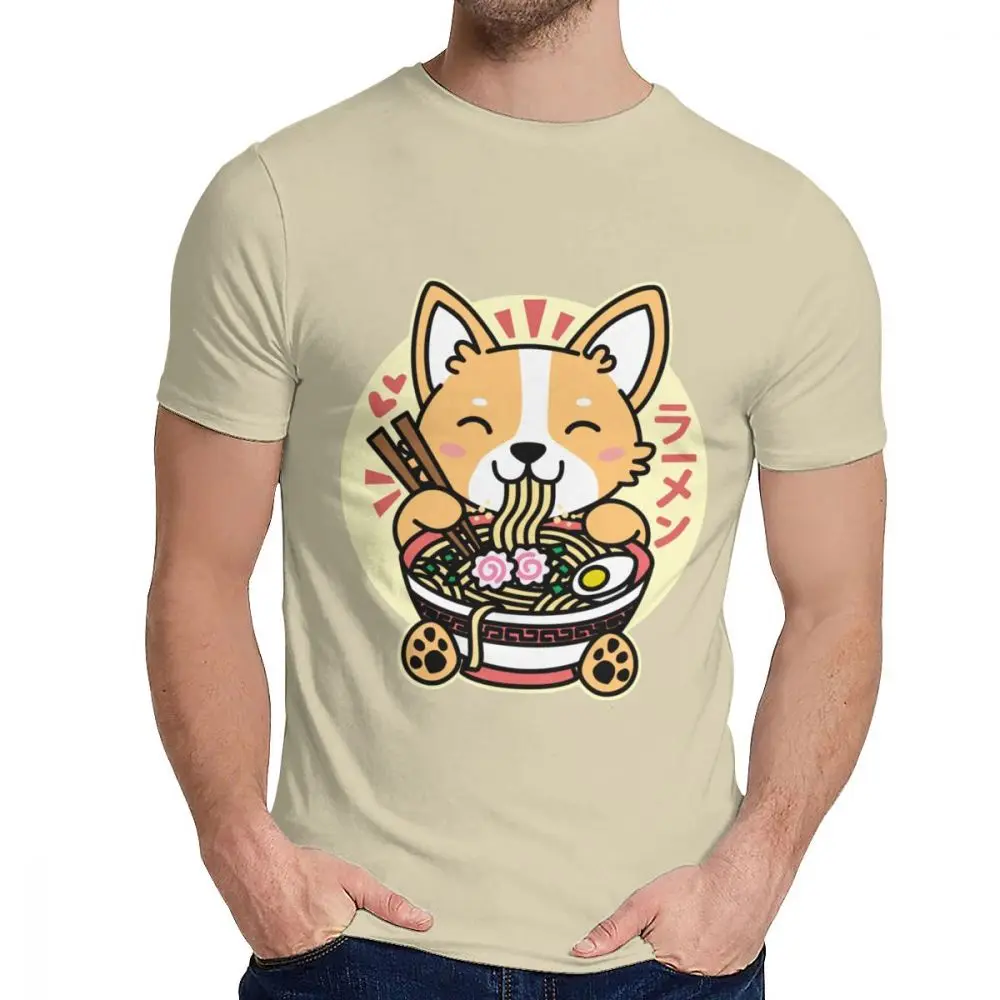 Для мужчин футболка корги едят рамен милый Kawaii лапша Хлопок Уличная Мужская o-образным вырезом Harajuku уличный с короткими рукавами - Цвет: Хаки