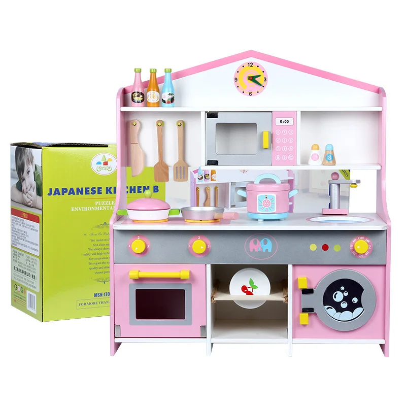 Play Kitchen for Girl Wooden Simulation Kitchen Stove Microwave Oven Washing Machine Tableware Toys for Kids Birthday Gifts