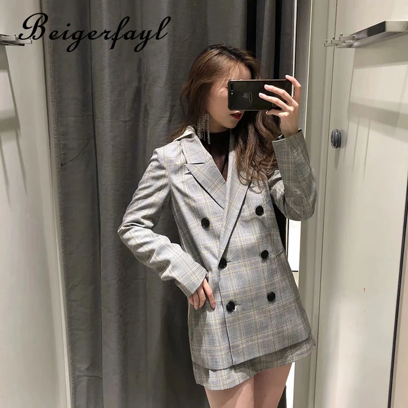 Beigerfayl Женский Повседневный костюм двубортное мини-платье даже чепчик клетчатый костюм Свободное пальто Половина платье по фигуре костюмы 9001 9002