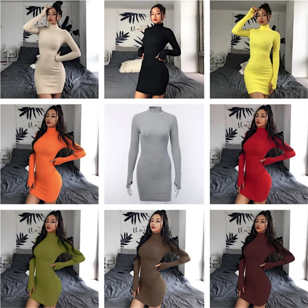 

Three Ratels Ribbed Knitted Turtleneck Long Sleeve Solid Mini Dress Women Party/Club Elegant Sexy Casual Bodycon Dress 9 Colors