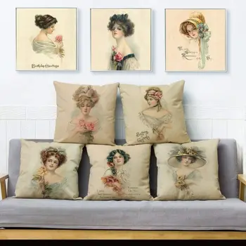 

Europe Vintage Woman Lady Girl Print Throw Pillow Cushion Covers Linen Pillow throw pillow