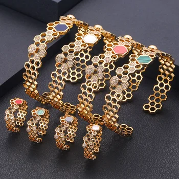 

jankelly luxury Unique African Bangle Ring Set Jewelry Sets For Women Wedding Cubic Zircon Crystal CZ Dubai Bridal Jewelry Set