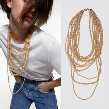 

Dvacaman 2020 New ZA Trendy Multi-Band Metal Long Necklace For Women Vintage Golden Full Maxi Pendant&Choker Necklace Accessory