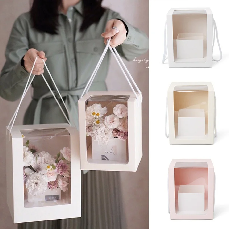 

Clear Window Flower Packing Paper Box With Handle Square Shape Transparent Wrapping Box Wedding Party Bouquet Gift Decoration