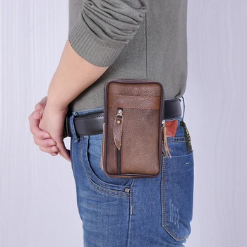 

Portable Men Cowhide Leather Waist Pack Bum Bag Casual Classic Texture Creative Design Chic Small Mobile Phone Wallet Pouch