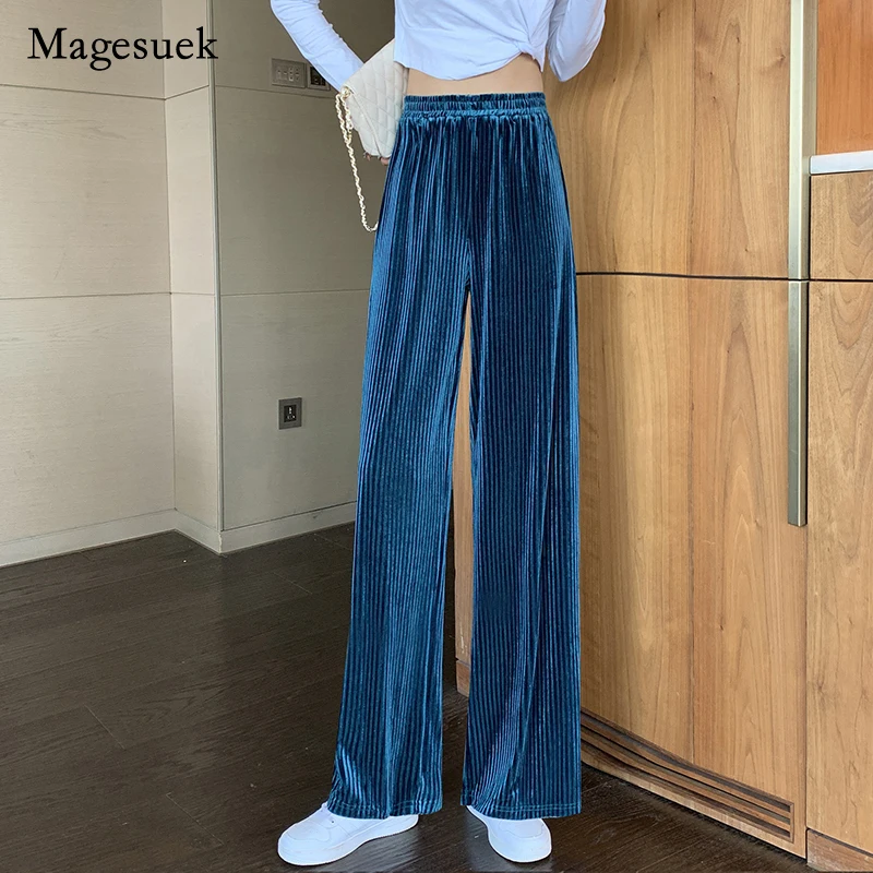 

Bright Silk Wide Leg Pants Women Spring Autumn New Fashion Corduroy Pants High Waist Pants Loose Black Pink Pants Trousers 17417