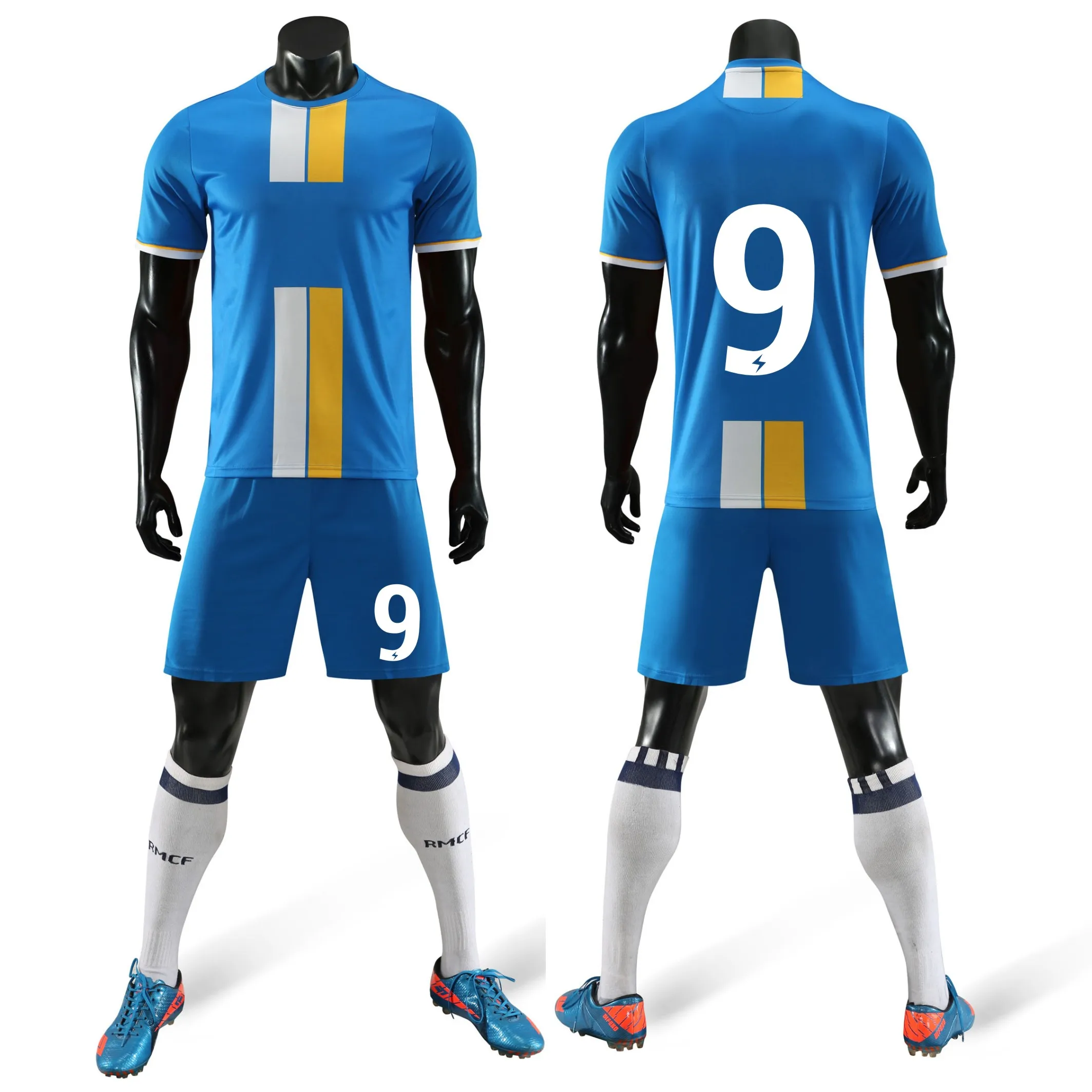 Ichnos adulte football soccer team kit uniforme shirt short bleu manches longues