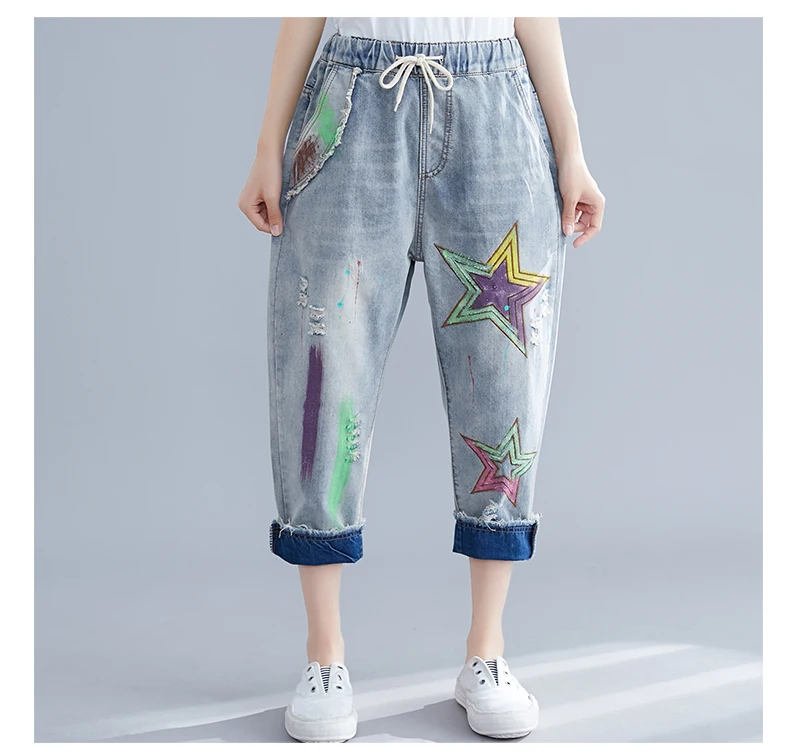 Летние новые эластичные талии Дикие ретро свободные Цветные вышивальные белые джинсы большого размера