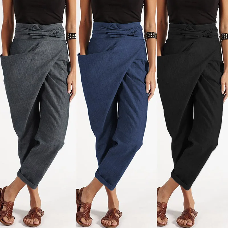 ZANZEA, элегантные, Pantalon, повседневные, длинные, палаццо, женские штаны-шаровары, модные, женские, с большими карманами, с боковой молнией, брюки размера плюс