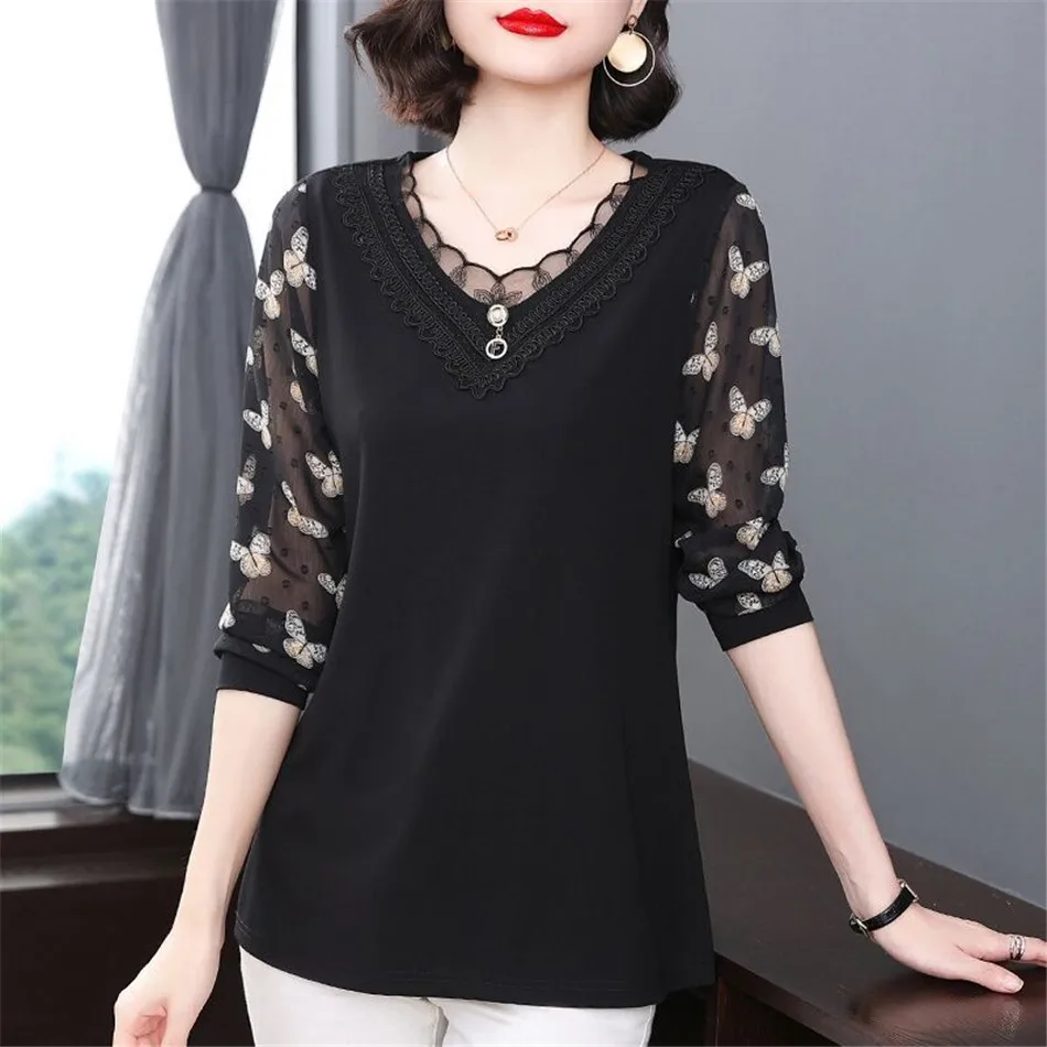 

Spring Autumn Lace Splice Women Elegant Blouse Long Sleeve Print Shirt Ladies Loose Casual Tops Blusas De Mujer MM1402