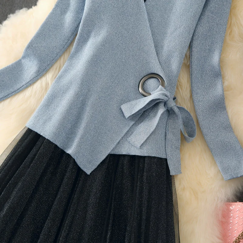 ALPHALMODA модный костюм платье осеннее платье тонкий свитер с длинными рукавами+ Сетчатое платье Элегантный комплект из 2 предметов