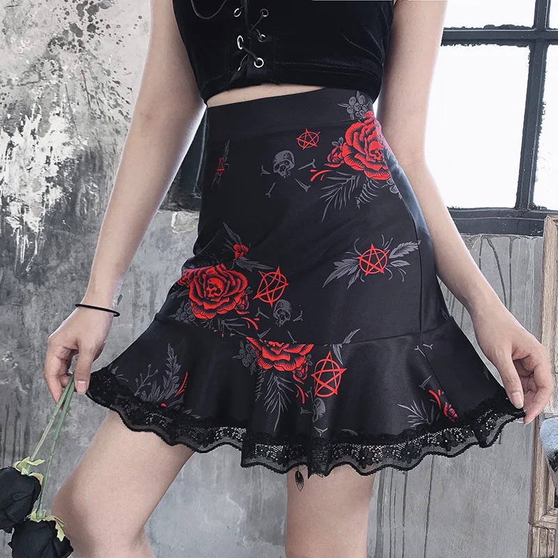 InsGoth, винтажная черная облегающая юбка с принтом в виде Розы и черепа, женские готические уличные юбки с высокой талией, женские сексуальные вечерние юбки