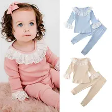 Комплект из 2 предметов, одежда для маленьких девочек пуловер с кружевными оборками Топы, футболка, леггинсы, штаны осенне-зимняя теплая одежда вязаная одежда для детей возрастом от 1 года до 5 лет