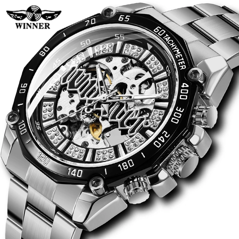 

Fashion Brand WINNER Men Automatic Watch Diamond Iced Out Skeleton Mechanical Watches Luminous Hands Wristwatches