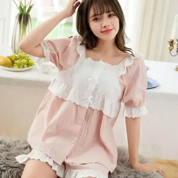 

Summer Autumn Cotton Lace Short-sleeved Cute Princess Palace Home Service Square Collar Solid Color Pajamas + Casual Shorts Suit