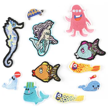 

100pcs/lot Embroidery Patch Clothing Decoration Accessories Shell Crab Fish Seafood Animal Mermaid Iron Heat Transfer Applique