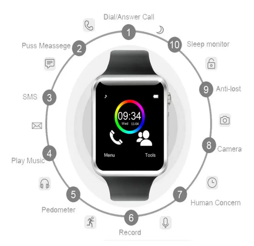 A1 Смарт часы SIM часы телефон камера SmartWatch Шагомер монитор сна SMS напоминание о звонке для Android