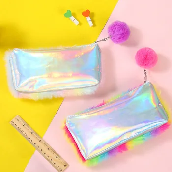 

1 Pcs Rainbow Color Plush Pencil Case Makeup Bags Pompom Ball Decor Stationery Pouch VH99