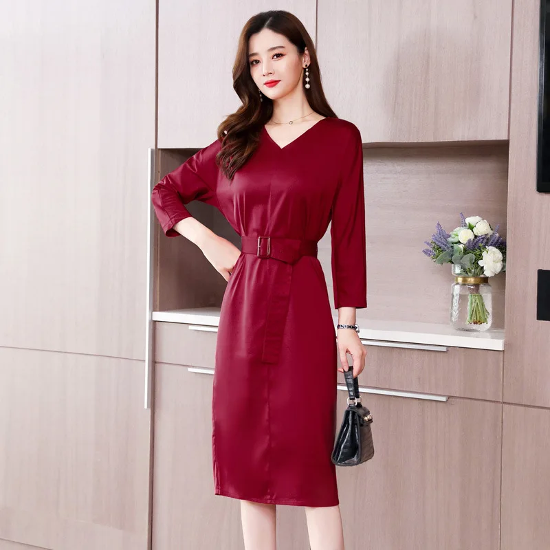 

2020 Spring New Style Elegant Women's Korean-style Slim Fit Slimming V-neck A- line Skirt Solid Color Elegant Mid-length Dress