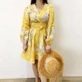 

2020 New Yellow Printed Puff Sleeve V-neck Long Sleeve Tie Linen Dress Holiday Skirt