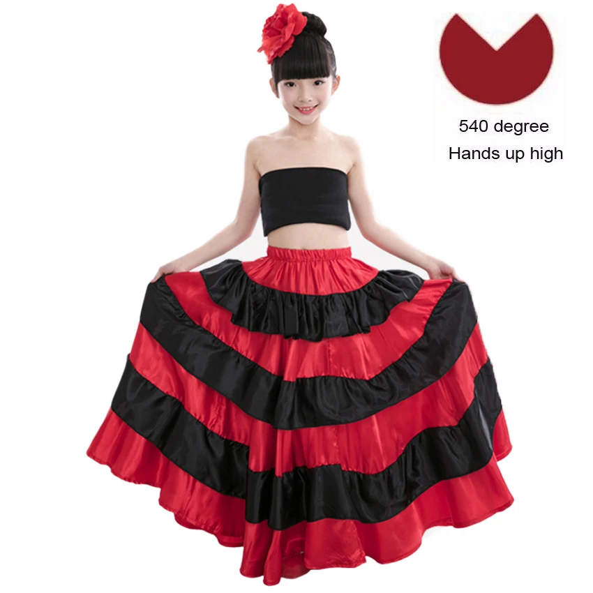 Цыганское Платье принцессы для девочек, костюмы для танца живота, традиционная испанская юбка для фламенко, атласное гладкое платье размера плюс - Цвет: Color1 540degree