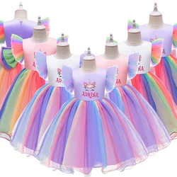 Verão crianças roupas unicórnio malha vestido para meninas bordado vestido de baile vestido de princesa vestidos de aniversário crianças trajes de festa