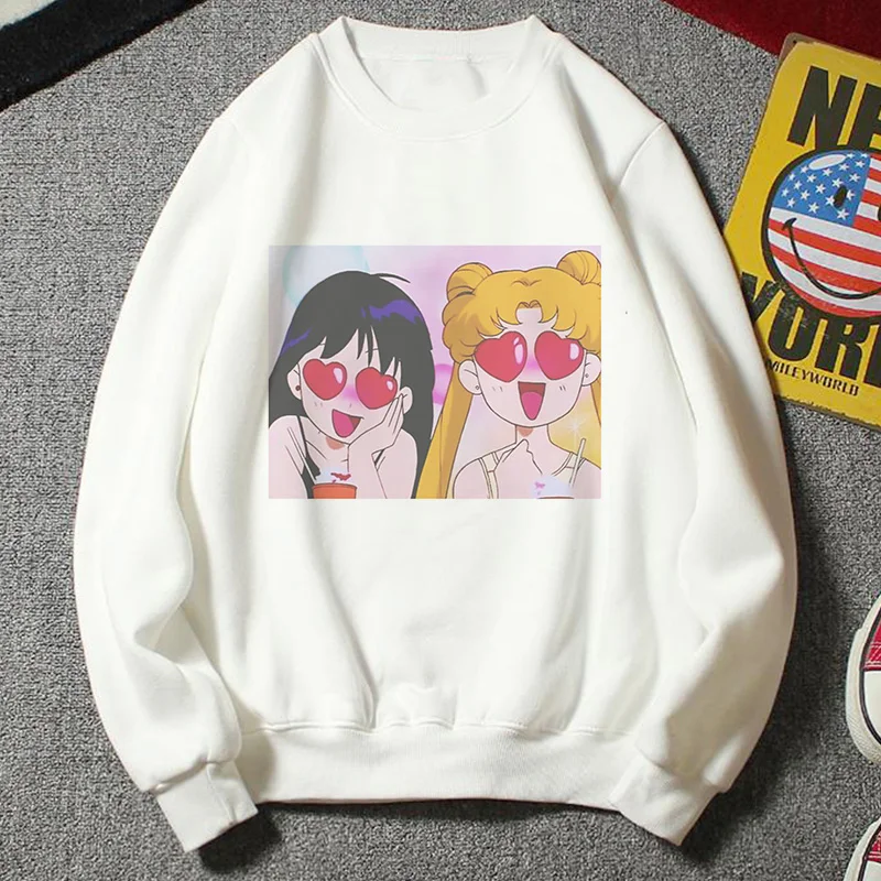 Новая толстовка женская Kawaii Мода плюс размер повседневная одежда Harajuku Мультфильм Ulzzang стиль Сейлор Мун Толстовка забавная половина Толстовка