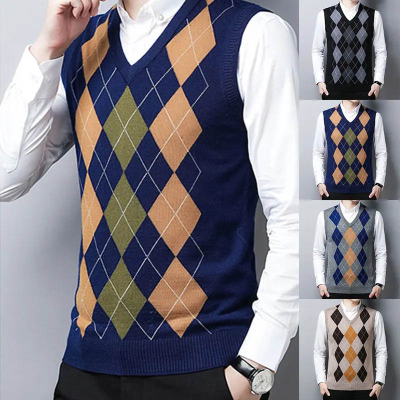 

Men's Pullover Sleeveless Vest Spring Autumn Warm Thick V-Neck Slim Fit Fashion Sweaters Knitted Retro Argyle Casual Wool Tank