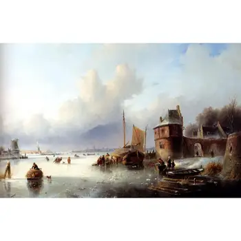

Handmade Art Paintings by Teachers - A Winter Landscape Skaters On Frozen Waterway Jan Jacob Coenraad Spohler - Oil on Canvas