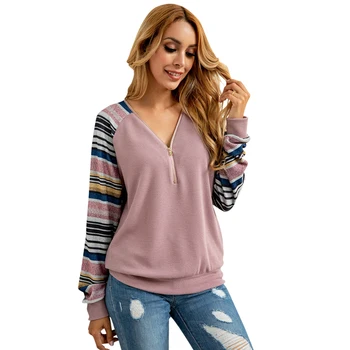 

Women Striped Print Splicing Hoodies 2020 Fashion Zipper Decor V Neck Long Sleeve Tops Autumn Winter Female Casual Pullover Tops