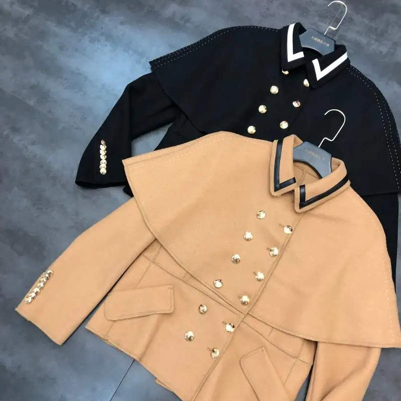 Осенняя новая двухрядная металлическая пряжка темперамент шаль плащ шерстяное пальто