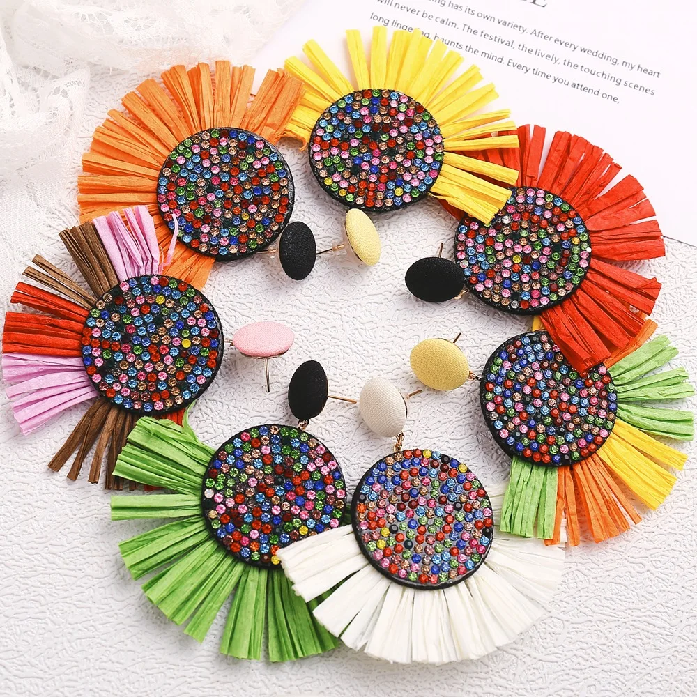 

Women Creative Exaggerated Bohemian Polychromatic Geometric Round Rhinestone Fringed Earrings