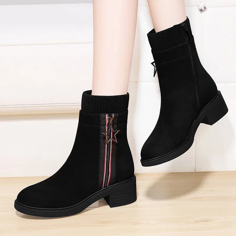 

Fashion Boots Waterproof Platform round-Toe Chunky Heel plus Velvet Boots Side Zipper Fashion Suede Martin Boots Centennial 2095