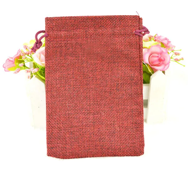 wine red Хит, 50 шт., льняные джутовые мешочки на шнурке, хлопковые разноцветные пакеты для упаковки, подарок, Свадебные Рождественские Сумки для конфет(4 размера - Цвет: wine red