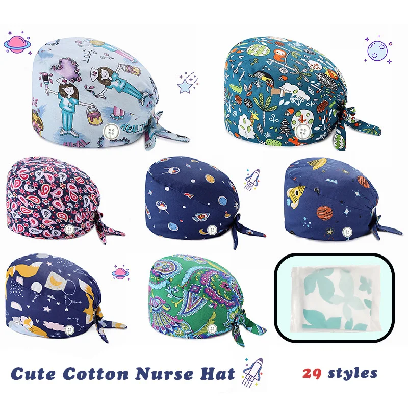 Unisex Cotton Scrub Cap Dentist Women Men Cartoon Anime Printing Pet Veterinary Beauty Pharmacy Lab Work Button | Тематическая