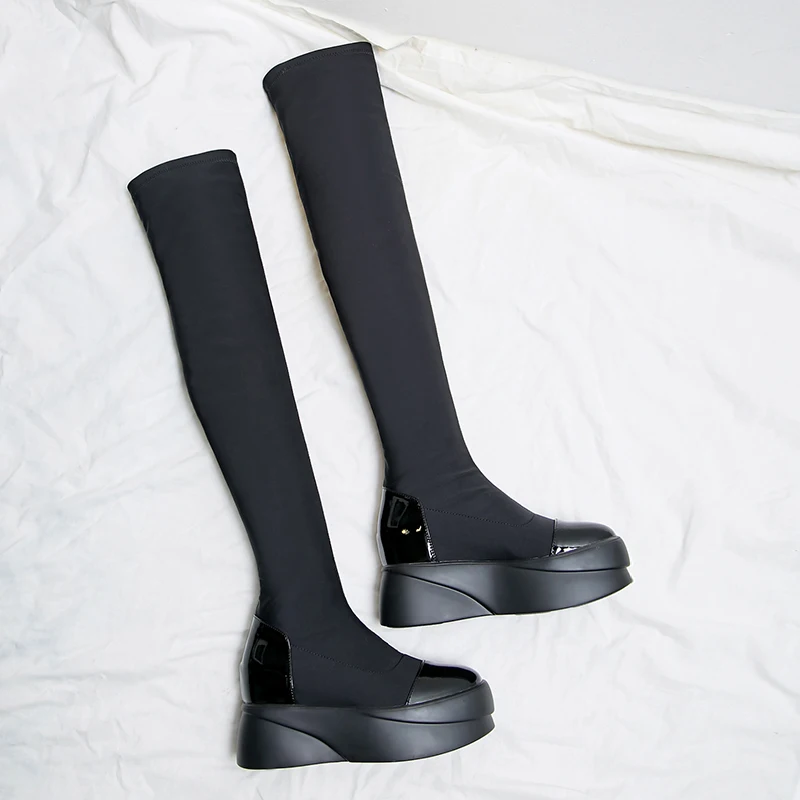 

New High Heels Platform Over The Knee High Boots Woman Rouned Toe Black Ladies Western Boots Party Shoes Woman