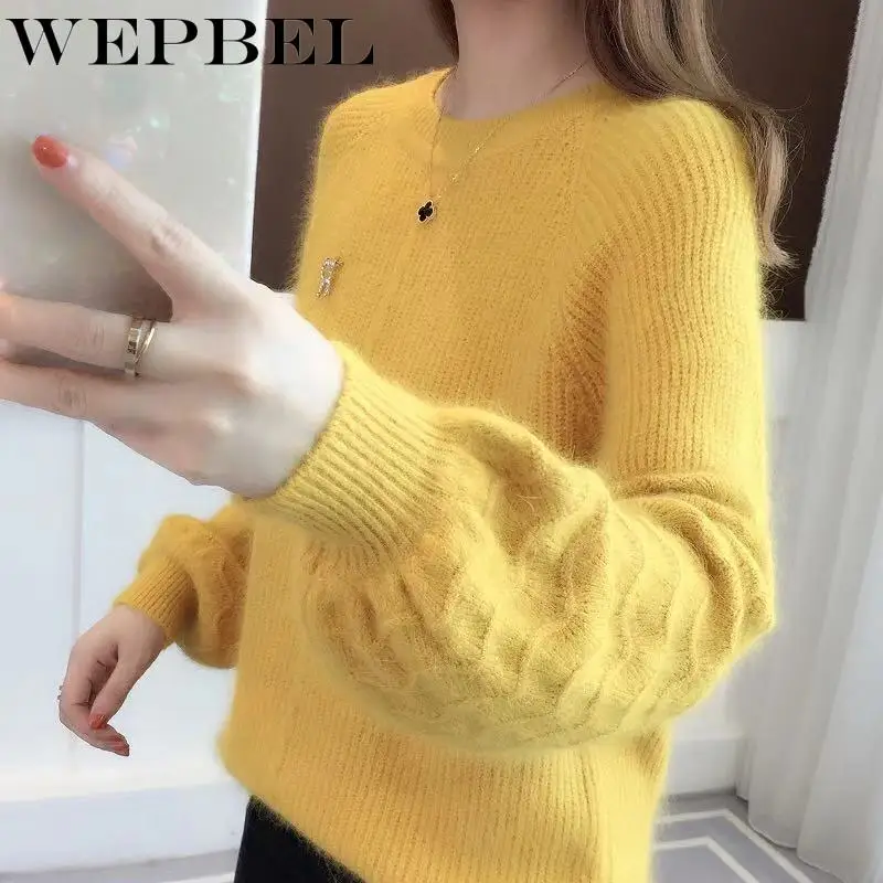 

WEPBEL Autumn and Winter Fashion Loose Solid Color Knitted Sweater Women's Casual Long-Sleeved O-Neck Pullover Sweater