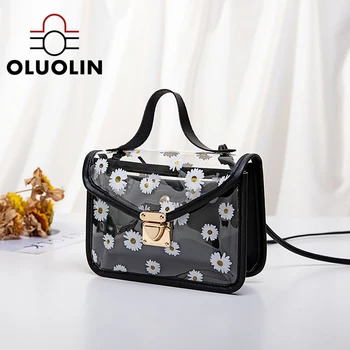 

Women Transparent Daisy Pattern Shoulder Bag Hardware Casual Lock Cover Chain Strap Color Block Messenger Handbag Composite Tote