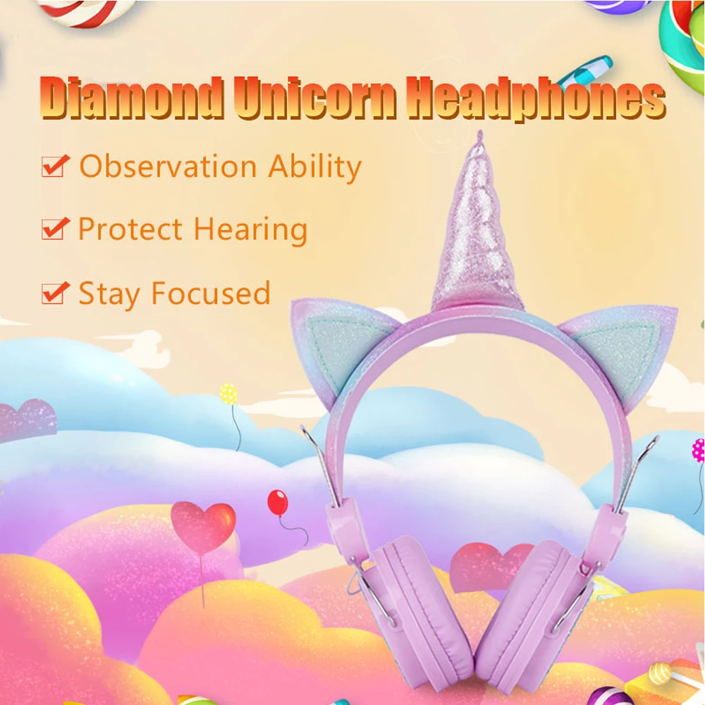 BlueWow B121 Cute Cartoon Diamond Unicorn Wired Headphone Headset For Kids Online Learning