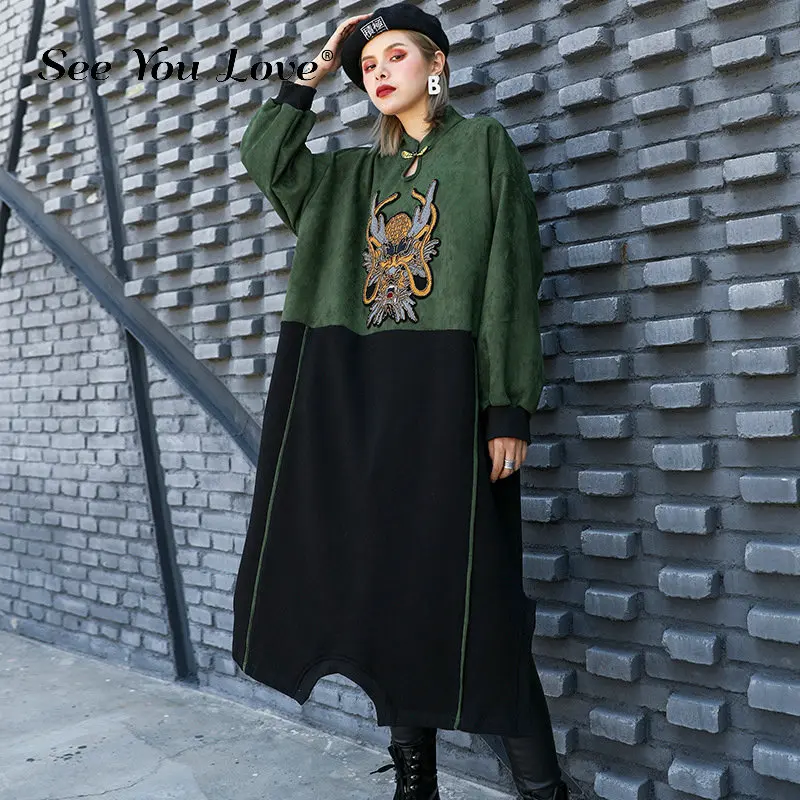 

Autumn Winter 2019 Dress For Women New Long Sleeve Patchwork Streetwear Loose Embroidery Suede Ladies Dress China Cheongsam