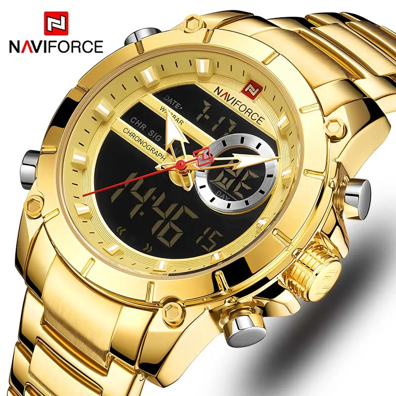 Gold Gold Naviforce Роскошные мужские часы со светящимся циферблатом, Цифровые кварцевые часы топ бренда, мужские часы, брендовые Роскошные мужские часы с двойным дисплеем - Цвет: Gold Gold