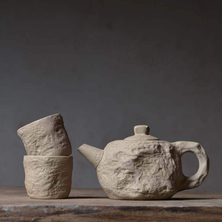 Hard stone imitation teapot teacup One Teapot two teacups rock mud rough pottery handmade ceramic tea set pot | Дом и сад