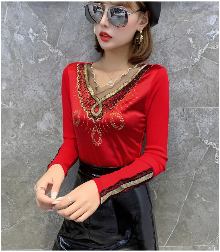 Poleras mujer de moda модная леопардовая футболка с длинным рукавом, женская рубашка с v-образным вырезом размера плюс, горячая Распродажа, футболка с бриллиантами, camiseta mujer