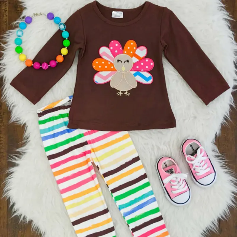 

Newborn Baby Girl Boys Thanksgiving Turkey Long Sleeve Top Stripes Pants Set Outfits Cotton Autumn Clothes